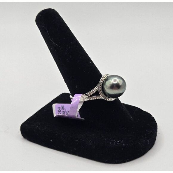 New Gray Tahitian Pearl Sterling Silver Rind Size 7 Diamond Accent 10mm - Picture 1 of 10